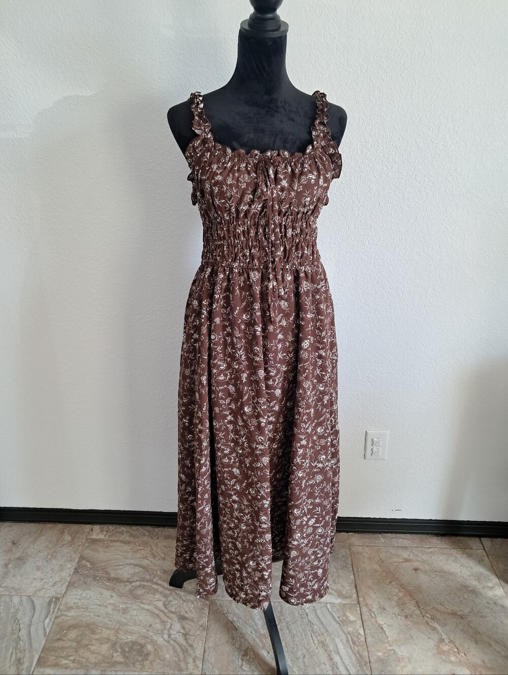 Hesperus Maxi Dress XL Brown Floral Elastic Waist Lined Ruffles Peasant Milkmaid